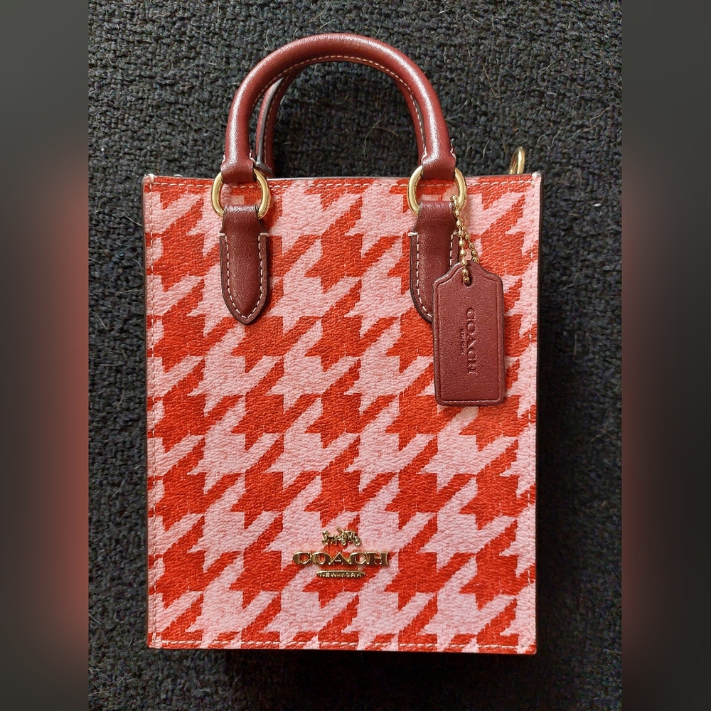 Coach North South Mini Tote Houndstooth Pink and Burgundy